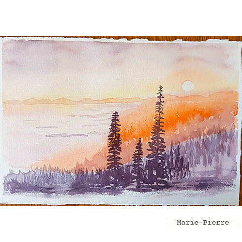 coucher de soleil à l'aquarelle d'une élève du cours