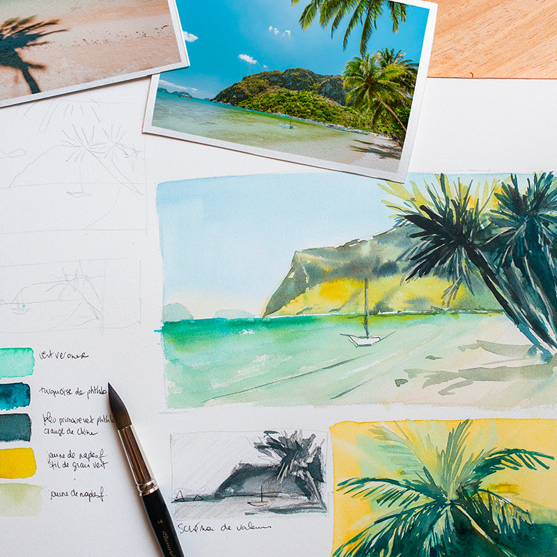 préparation d'une peinture de plage à l'aquarelle