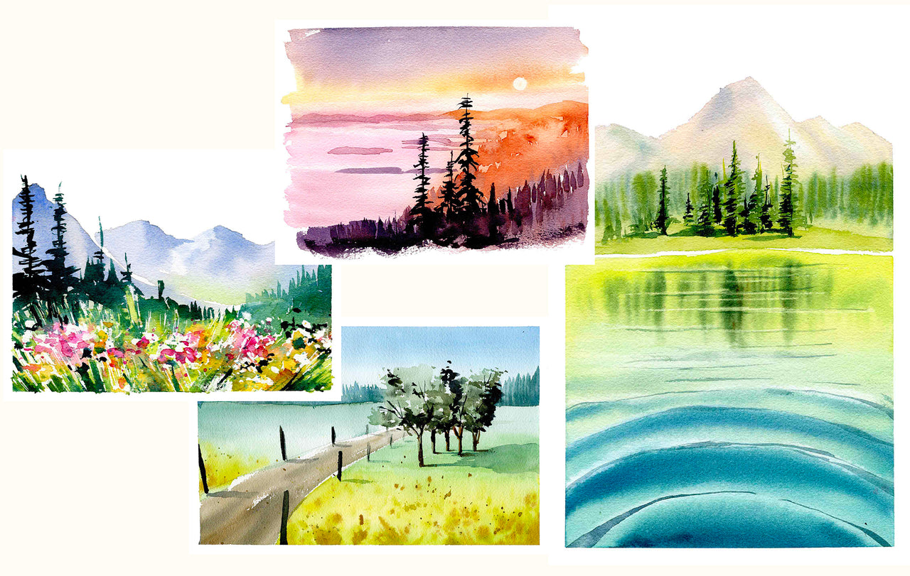 réalisations finales du cours de paysages à l'aquarelle
